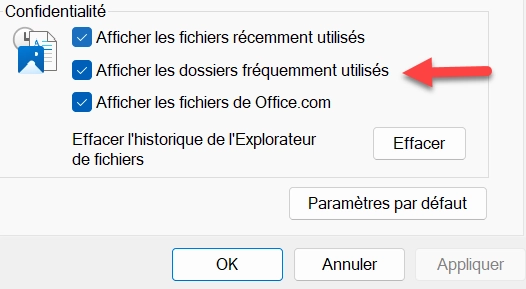 explorateur de fichiers Afficher les dossiers fréquemment utilisés