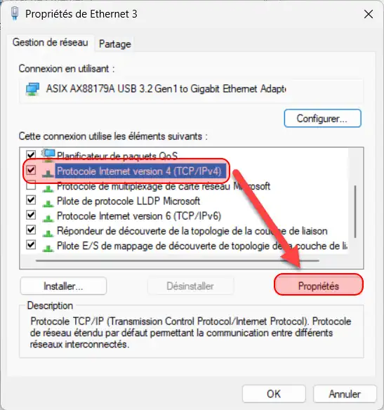 Cloudflare DNS protocole Internet version 4 (TCP/IPv4)