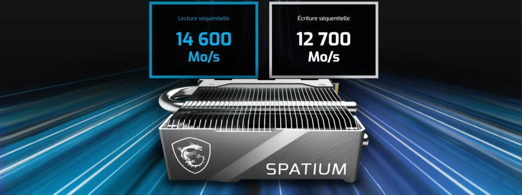 Le SSD SPATIUM M580 avec son support de l'interface PCIe Gen5. Il offre des vitesses de lecture et d'écriture qui atteignent jusqu'à 14,6 GB/s et 12,7 GB/s respectivement, surpassant largement les performances des SSD PCIe Gen4. Ces vitesses exceptionnelles permettent non seulement des transferts de données ultra-rapides mais aussi des temps de chargement réduits pour les applications et les jeux, offrant ainsi une expérience utilisateur améliorée et plus fluide.